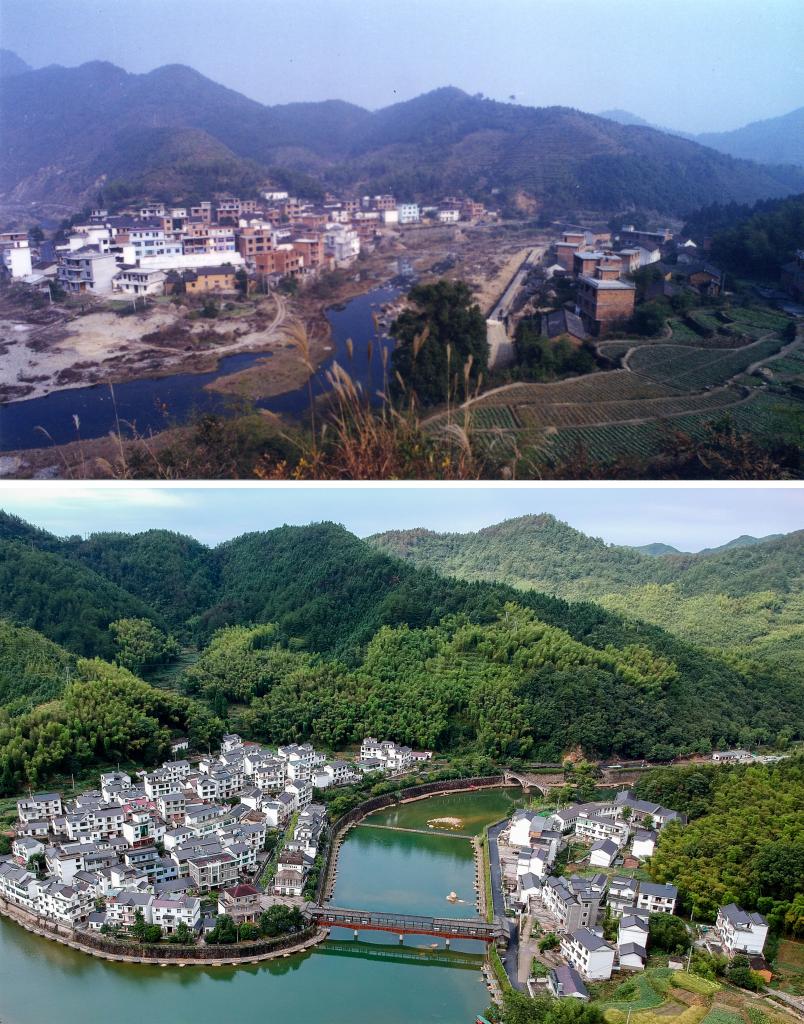 圖為浙江省杭州市淳安縣楓樹(shù)嶺鎮下姜村拼版圖，其中上圖為資料照片、下圖由新華社記者張鋮攝。